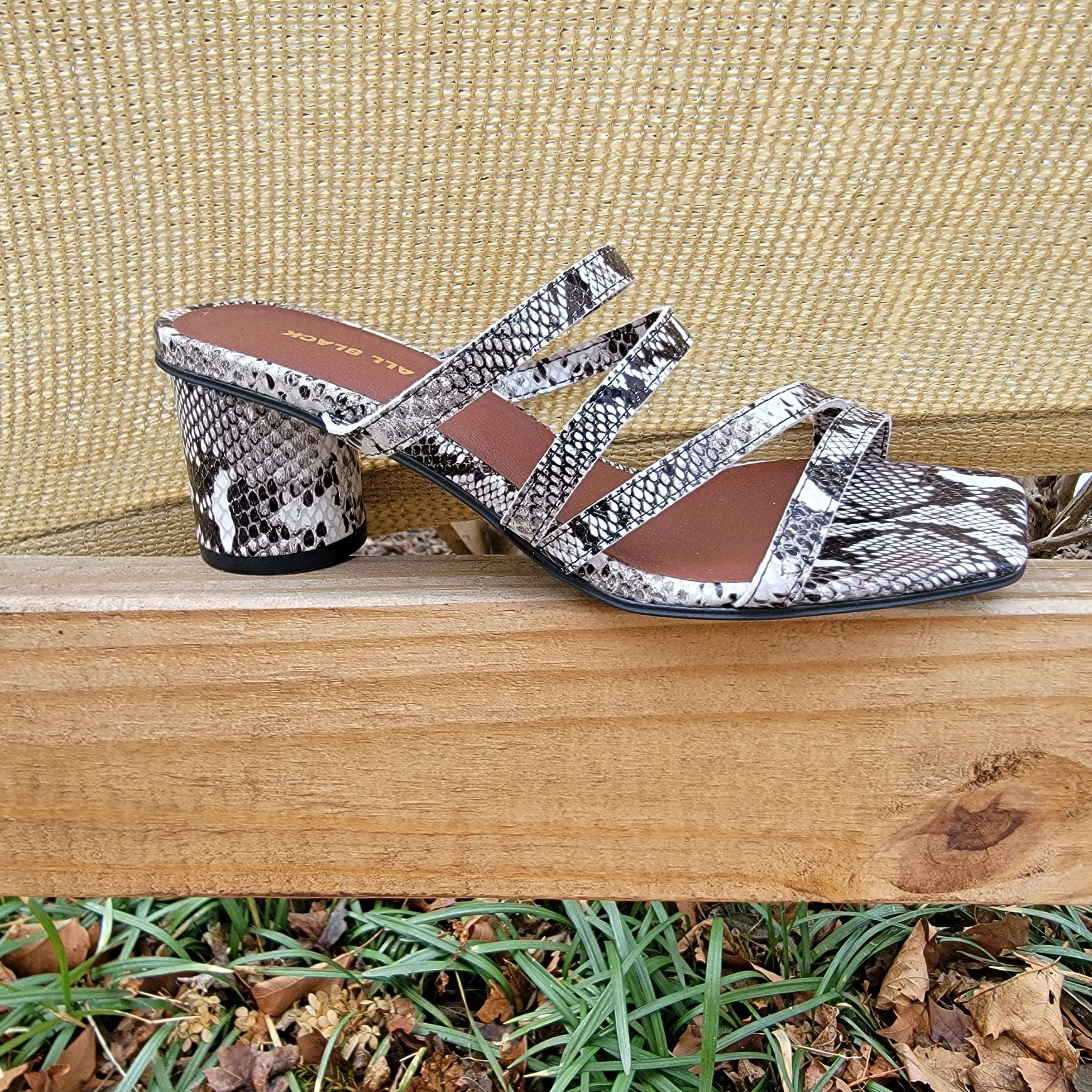 All Black - Reptile Low Heeled Block Sandal