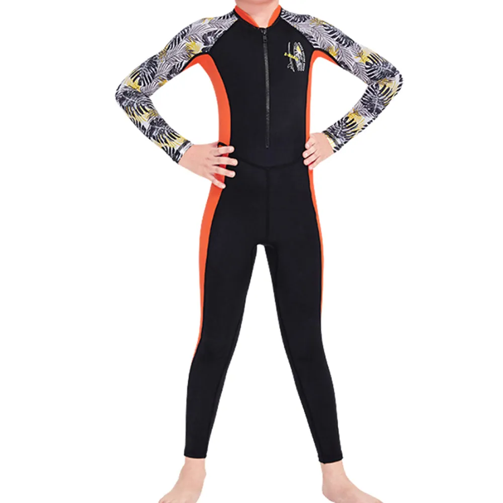 Box,Full Length Orange & Black Palm Leaves Printed Kids Swimwear In Upf 50  Fabric