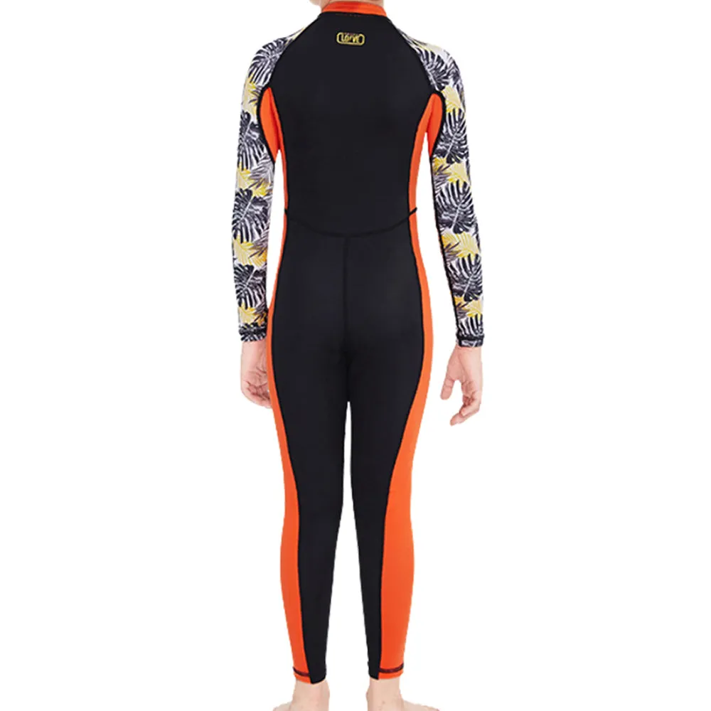 Box,Full Length Orange & Black Palm Leaves Printed Kids Swimwear In Upf 50  Fabric