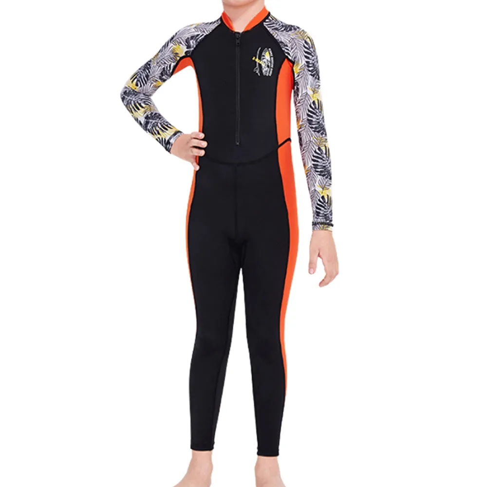 Box,Full Length Orange & Black Palm Leaves Printed Kids Swimwear In Upf 50  Fabric