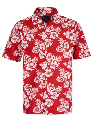 Chambal Floral Print Short Sleeve Open Collar Hawaiian Shirt in Washed Red - Tokyo Laundry