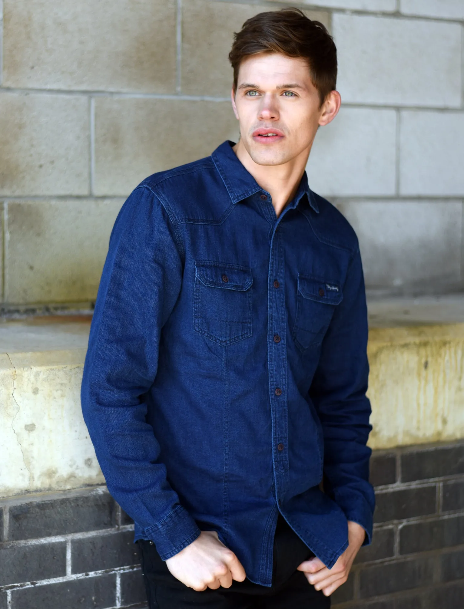 Denim Look Dobby Shirt in Deep Indigo - Tokyo Laundry