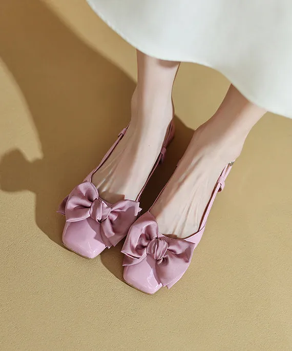 Elegant Splicing Bow Chunky Sandals Pink Cowhide Leather RI033