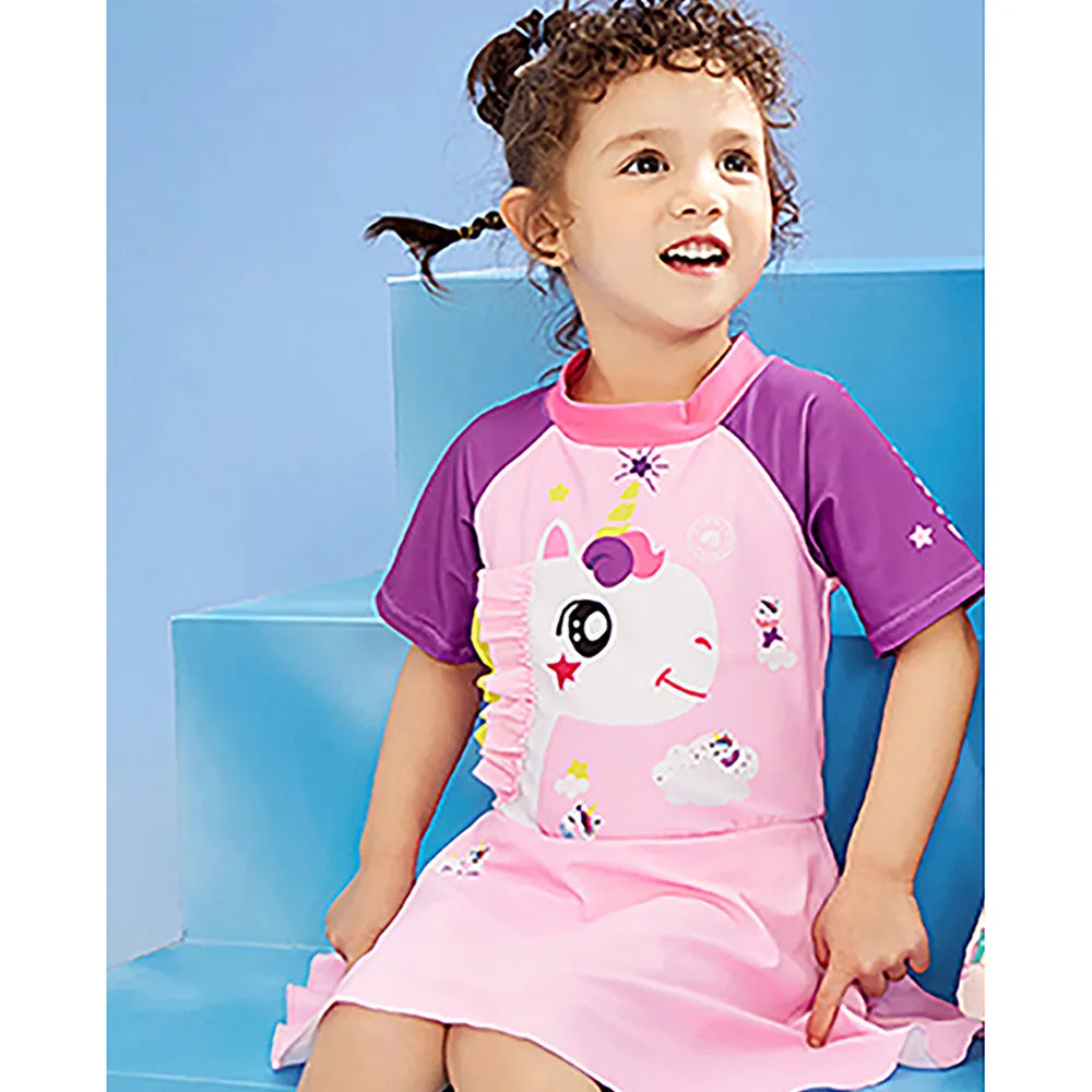 Frill Unicorn Frock style Kids Swimwear with attached shorts&matching Swim Cap