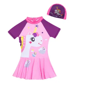 Frill Unicorn Frock style Kids Swimwear with attached shorts&matching Swim Cap