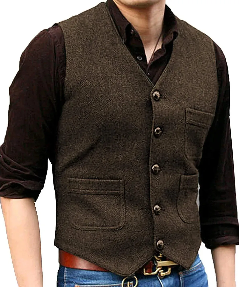 Funki Buys | Vests | Men's Herringbone Tweed Casual Waistcoat