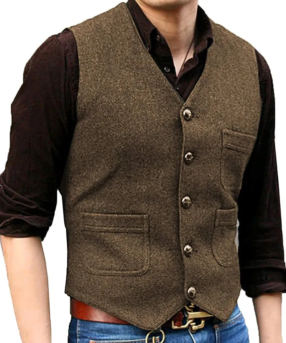 Funki Buys | Vests | Men's Herringbone Tweed Casual Waistcoat