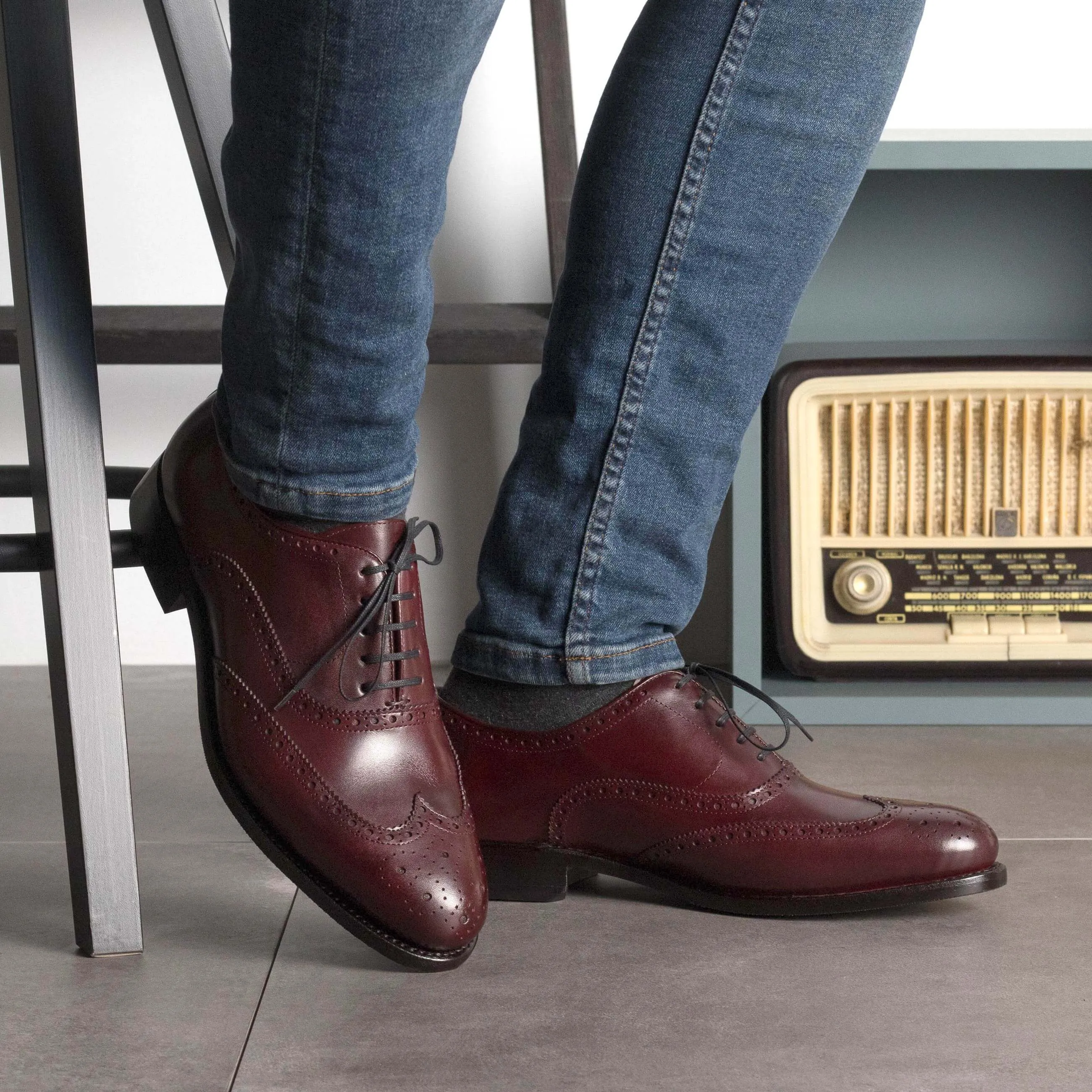 Handmade Full Brogue Shoes – Burgundy Box Calf Leather.