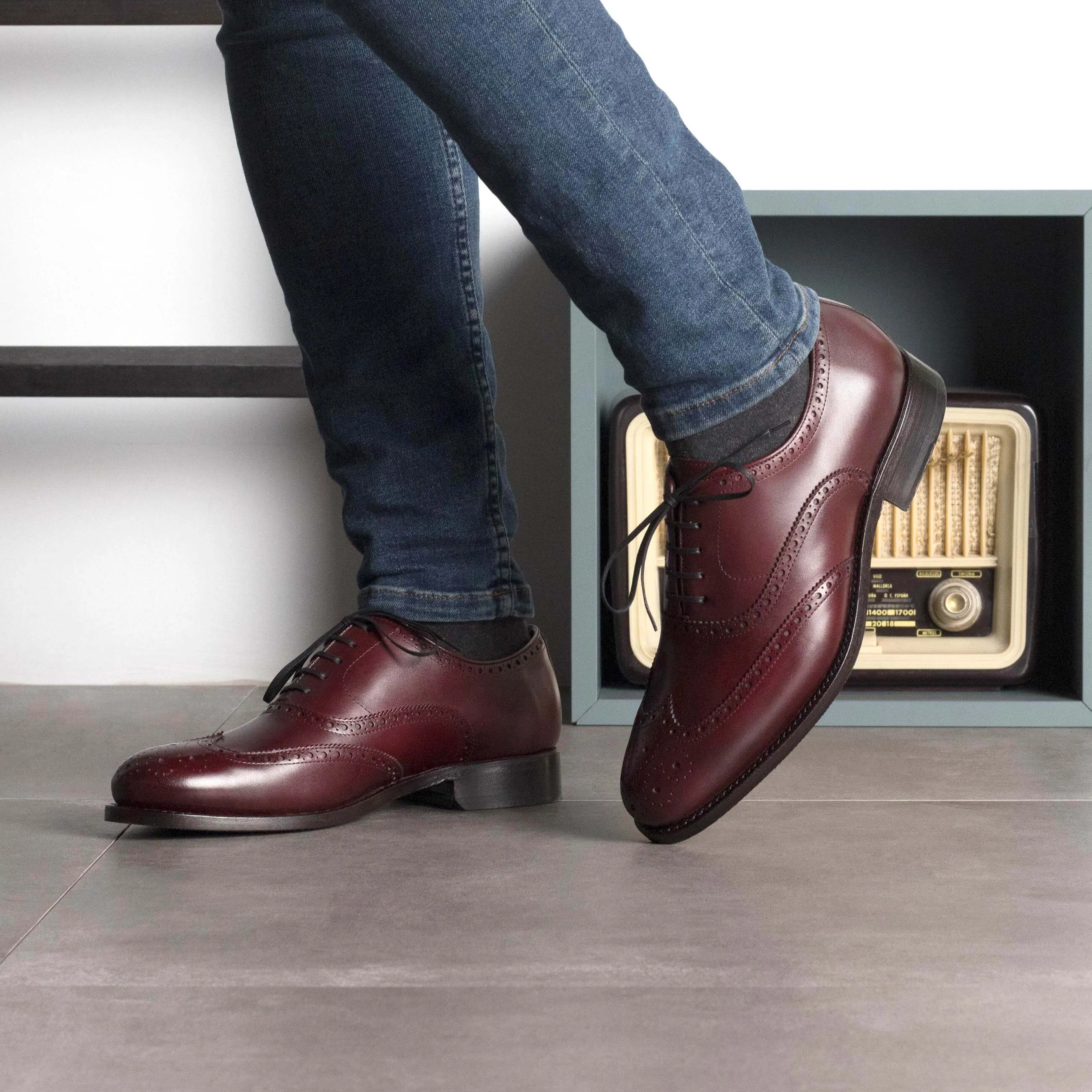 Handmade Full Brogue Shoes – Burgundy Box Calf Leather.
