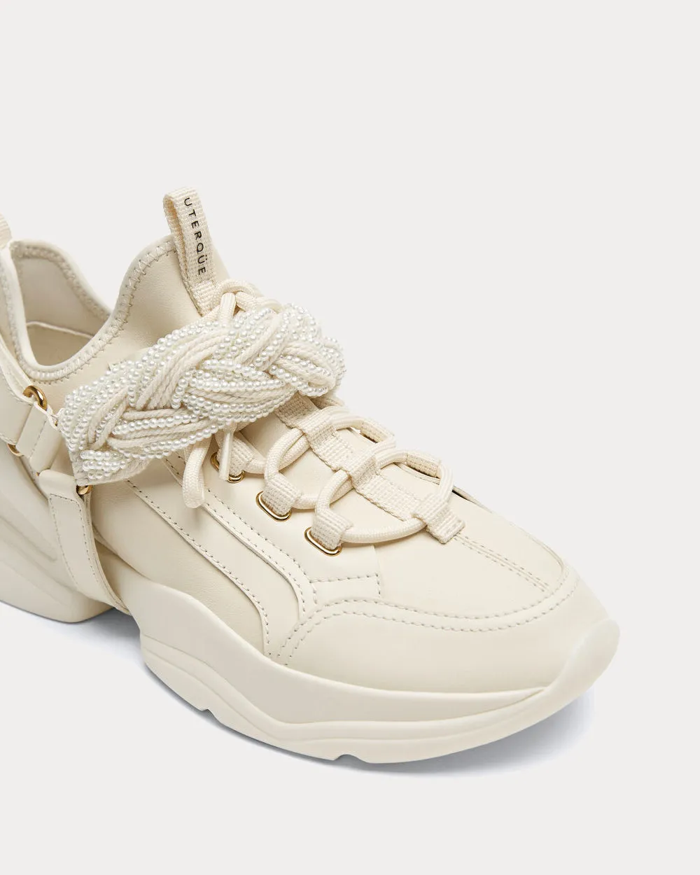 Leather Trainers with Detachable Diamante Cream Low Top Sneakers