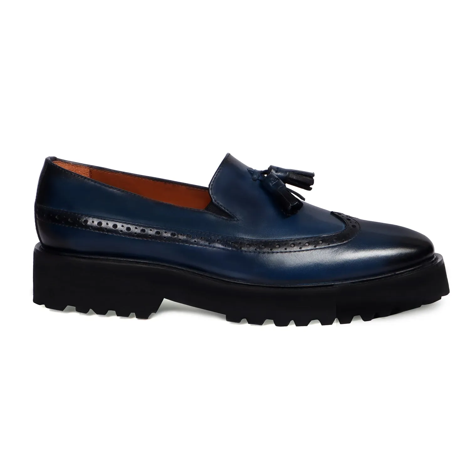 Light Weight Punching Brogue Blue Genuine Leather Tassel Shoes For Men By Brune & Bareskin