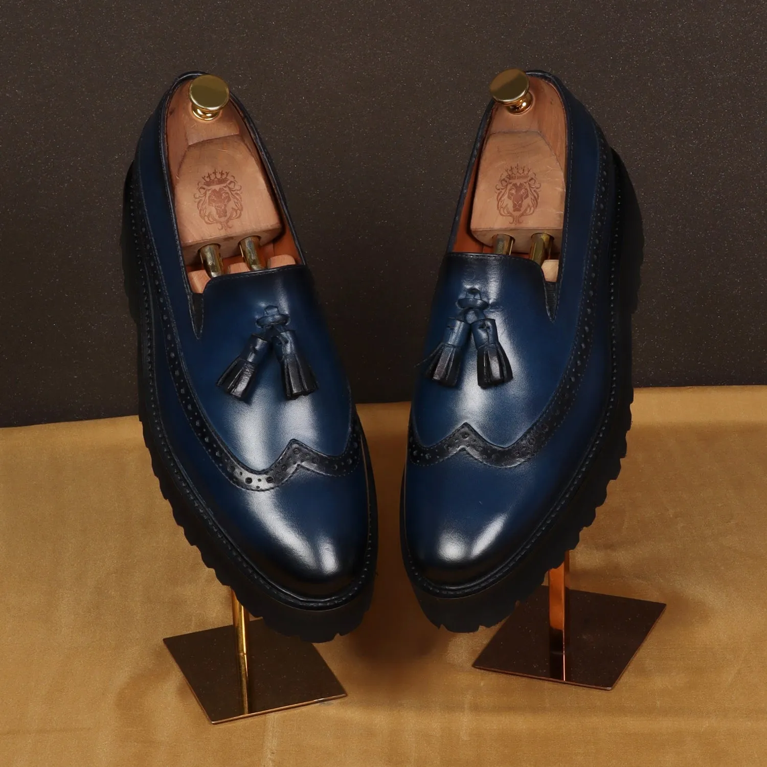 Light Weight Punching Brogue Blue Genuine Leather Tassel Shoes For Men By Brune & Bareskin