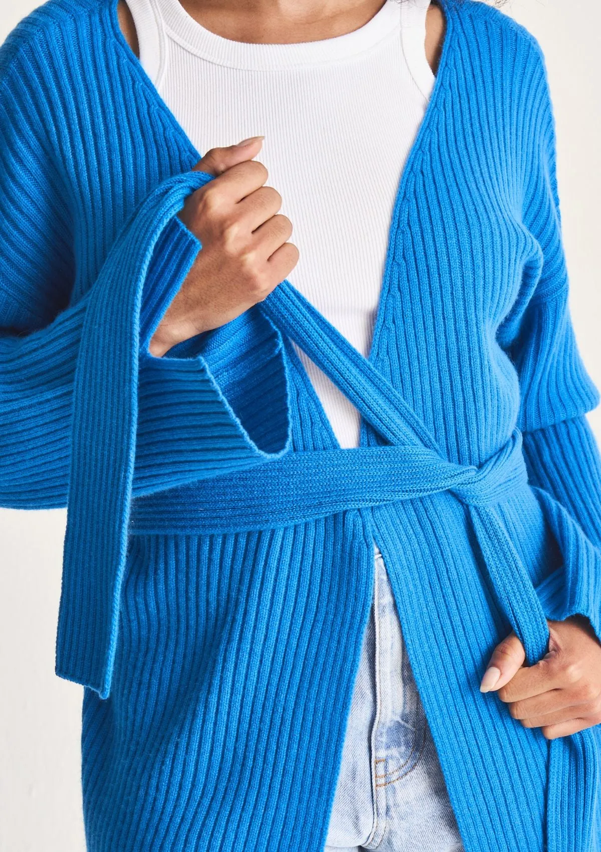 Longline Cashmere Belted Cardigan in Jetstream Blue