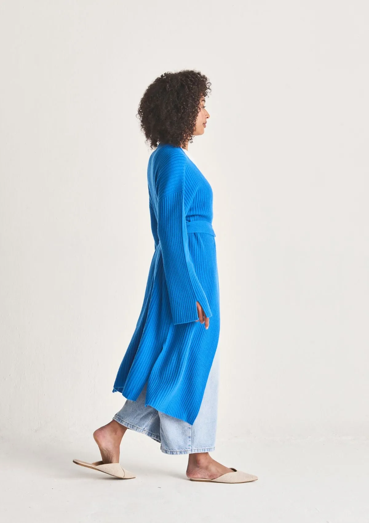 Longline Cashmere Belted Cardigan in Jetstream Blue