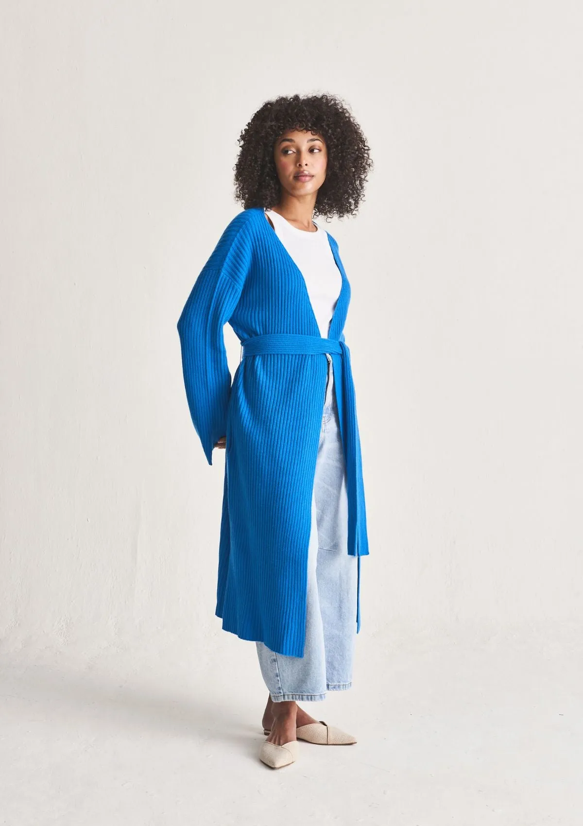 Longline Cashmere Belted Cardigan in Jetstream Blue
