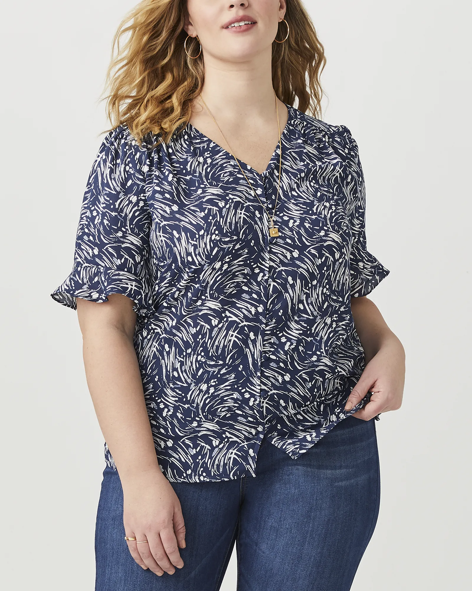 Mila Ruffle Sleeve Blouse | Navy / White