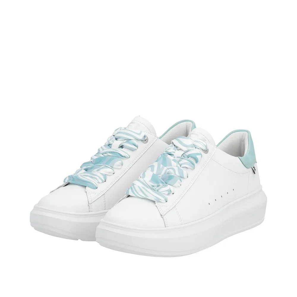 Rieker W1201-81 Adelia Ladies White & Light Blue Leather Lace Up Trainers