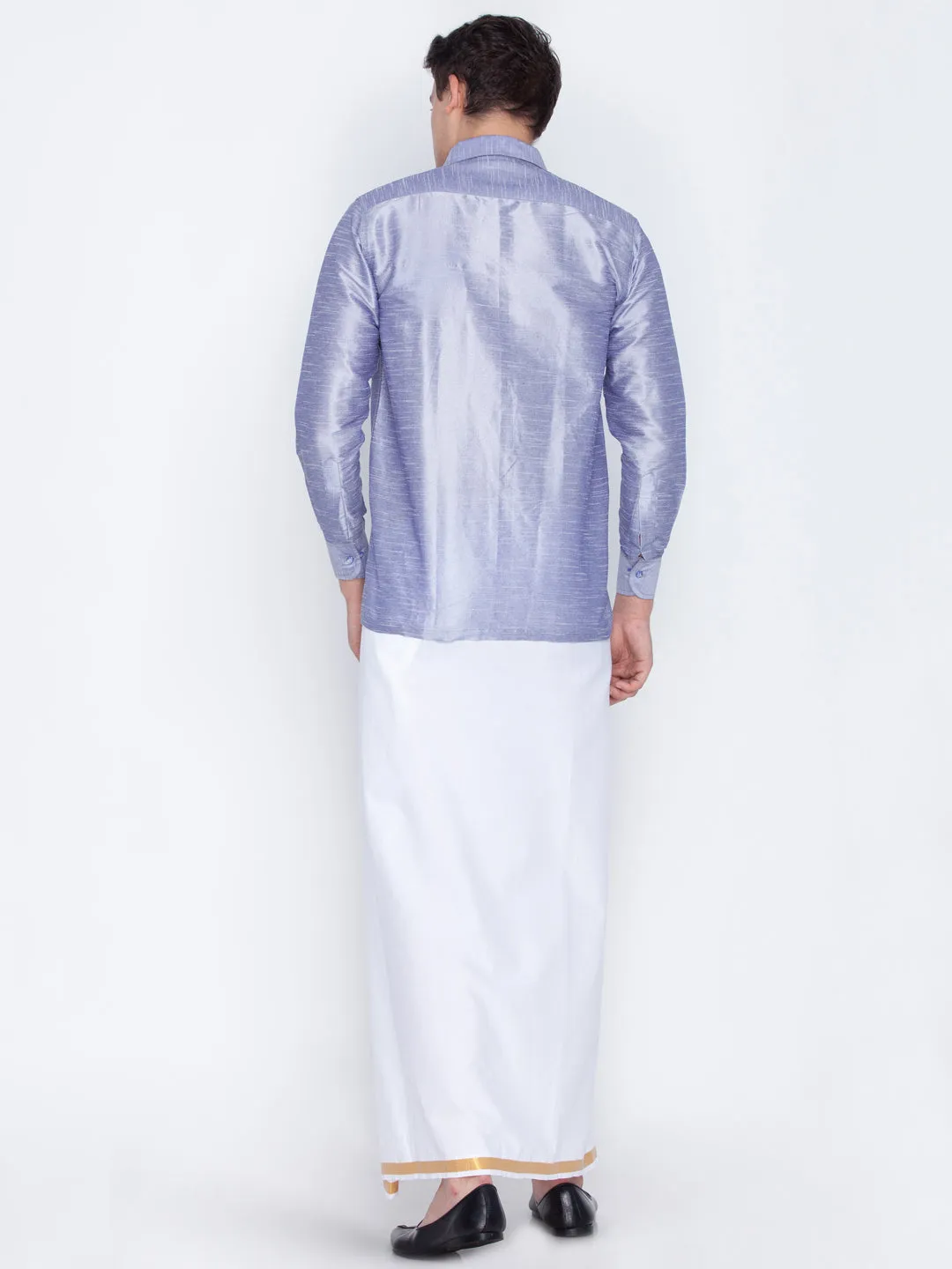 VASTRAMAY Men's Blue Cotton Silk Blend Shirt and Mundu Set