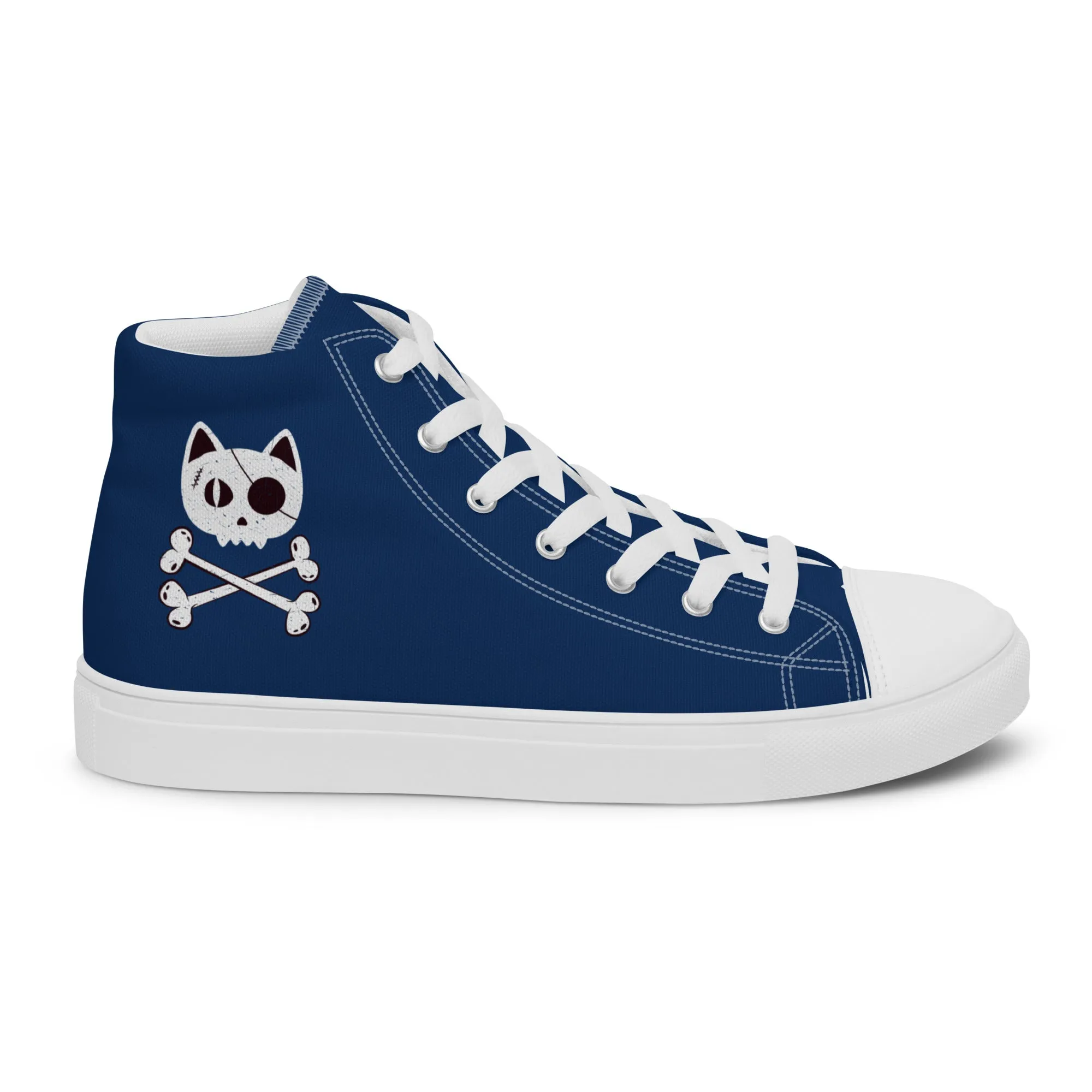 Women’s Blue high top canvas shoes with Pirate Cat Skull and Crossbones
