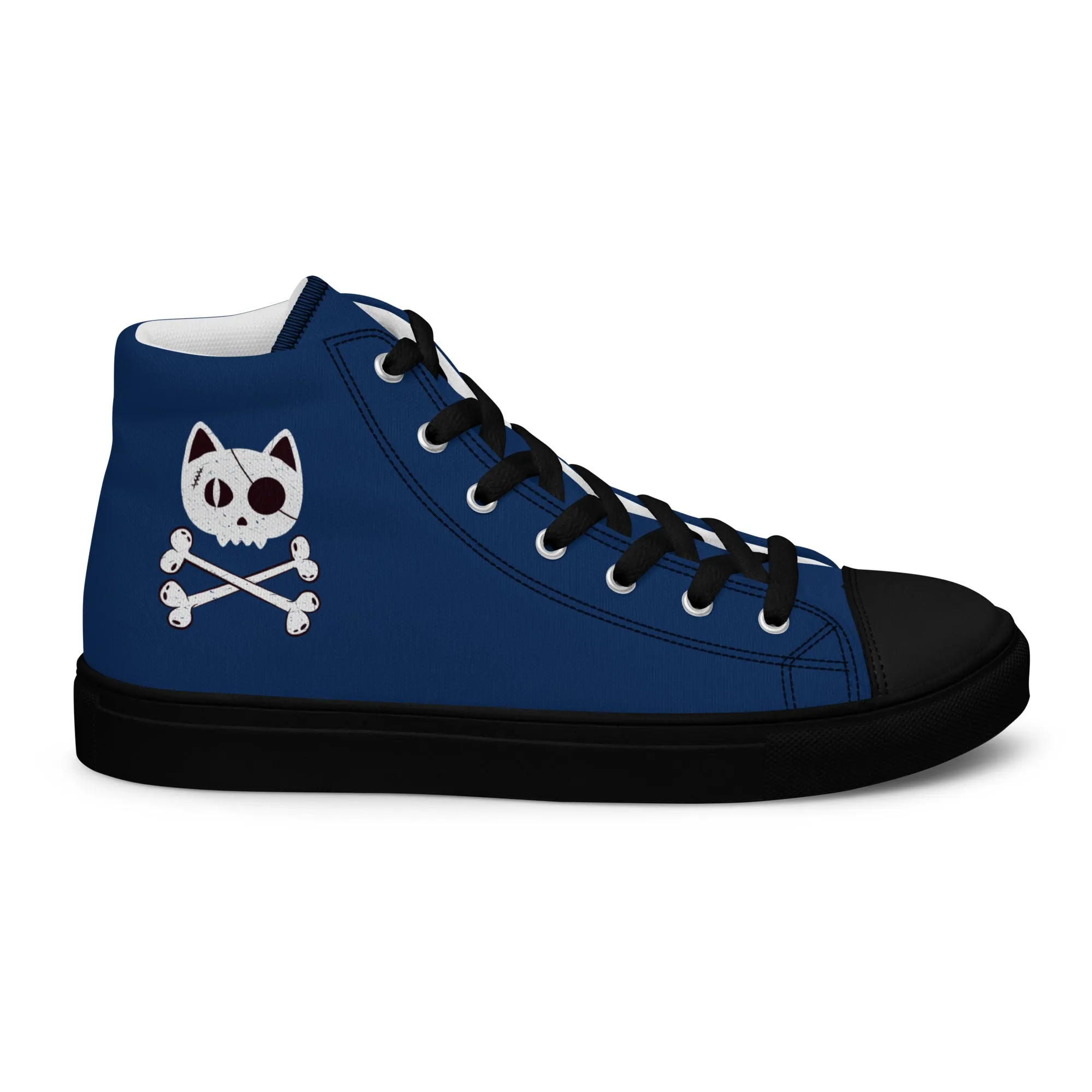 Women’s Blue high top canvas shoes with Pirate Cat Skull and Crossbones