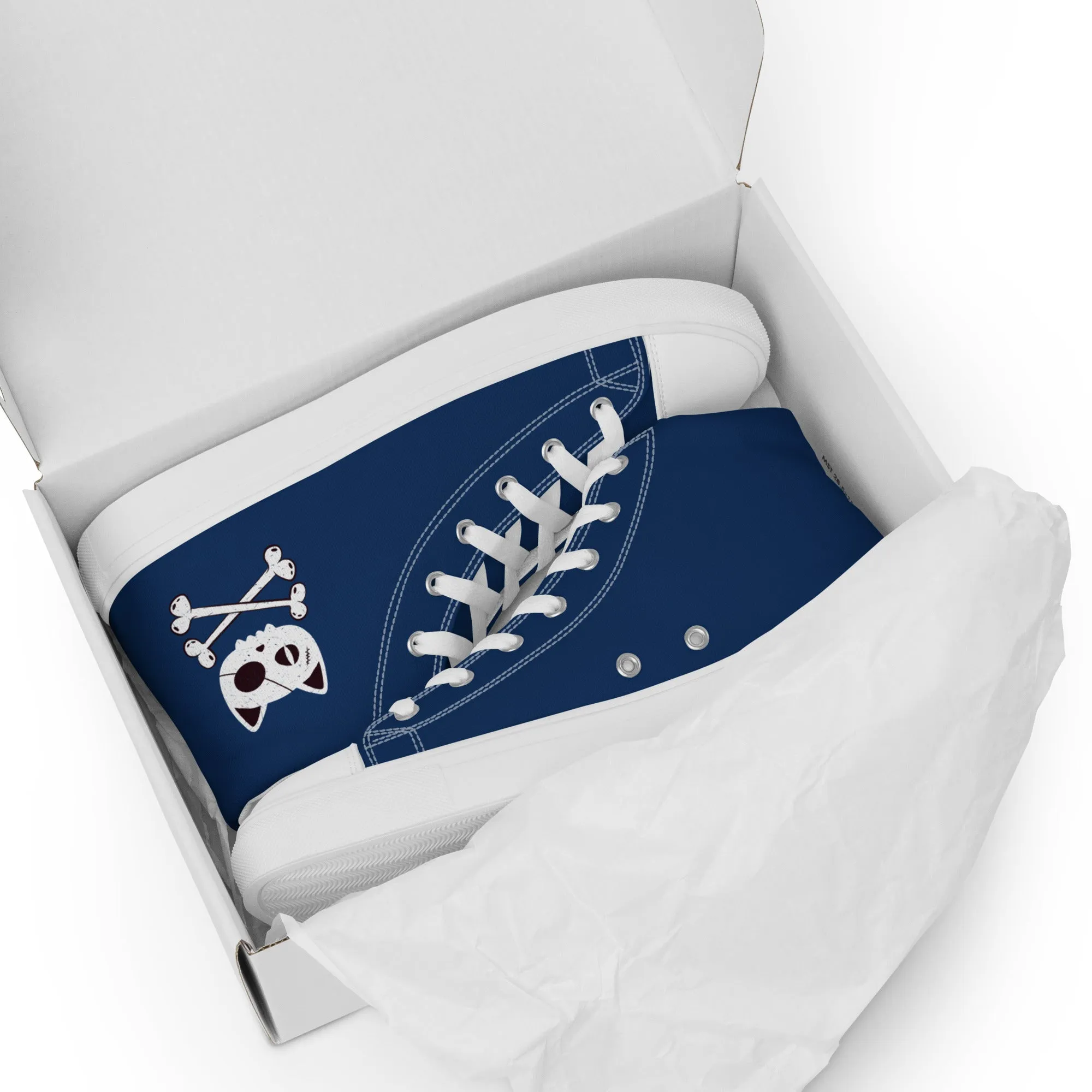 Women’s Blue high top canvas shoes with Pirate Cat Skull and Crossbones